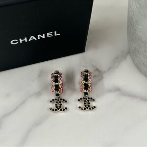 CHANEL | ✨NEW✨ Crystal CC Dangle Leather Black & Pink Hoop Earrings